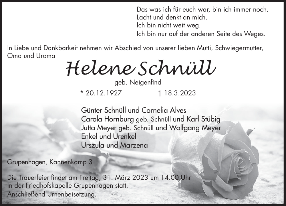  Traueranzeige für Helene Schnüll vom 24.03.2023 aus Deister- und Weserzeitung