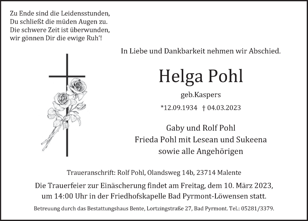  Traueranzeige für Helga Pohl vom 07.03.2023 aus Deister- und Weserzeitung