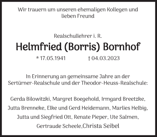 Traueranzeige von Helmfried Bornhof von Deister- und Weserzeitung