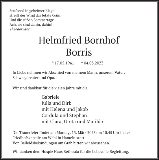 Traueranzeige von Helmfried Bornhof von Deister- und Weserzeitung