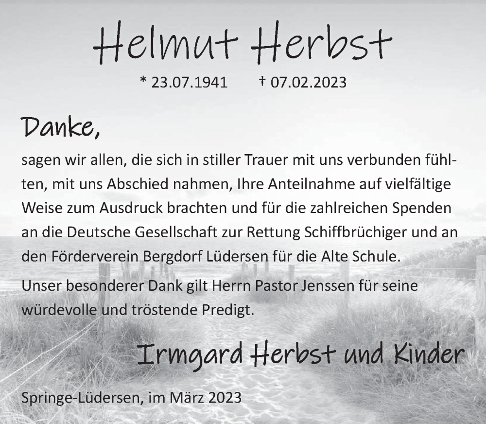  Traueranzeige für Helmut Herbst vom 18.03.2023 aus Neue Deister-Zeitung