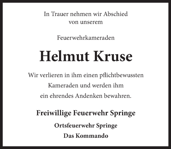 Traueranzeige von Helmut Kruse von Neue Deister-Zeitung