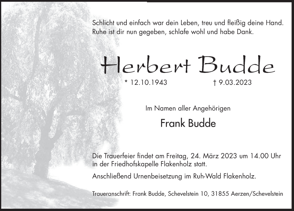  Traueranzeige für Herbert Budde vom 18.03.2023 aus Deister- und Weserzeitung