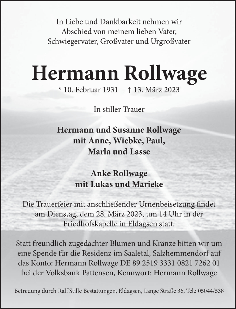  Traueranzeige für Hermann Rollwage vom 18.03.2023 aus Neue Deister-Zeitung