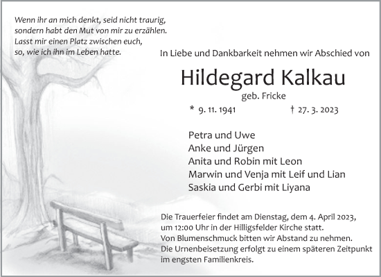 Traueranzeige von Hildegard Kalkau von Deister- und Weserzeitung