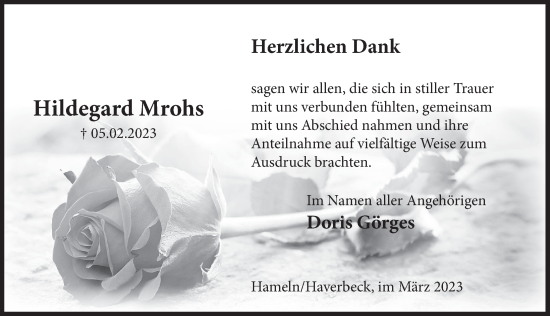 Traueranzeige von Hildegard Mrohs von Deister- und Weserzeitung