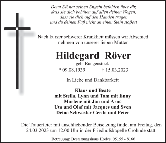 Traueranzeige von Hildegard Röver von Deister- und Weserzeitung