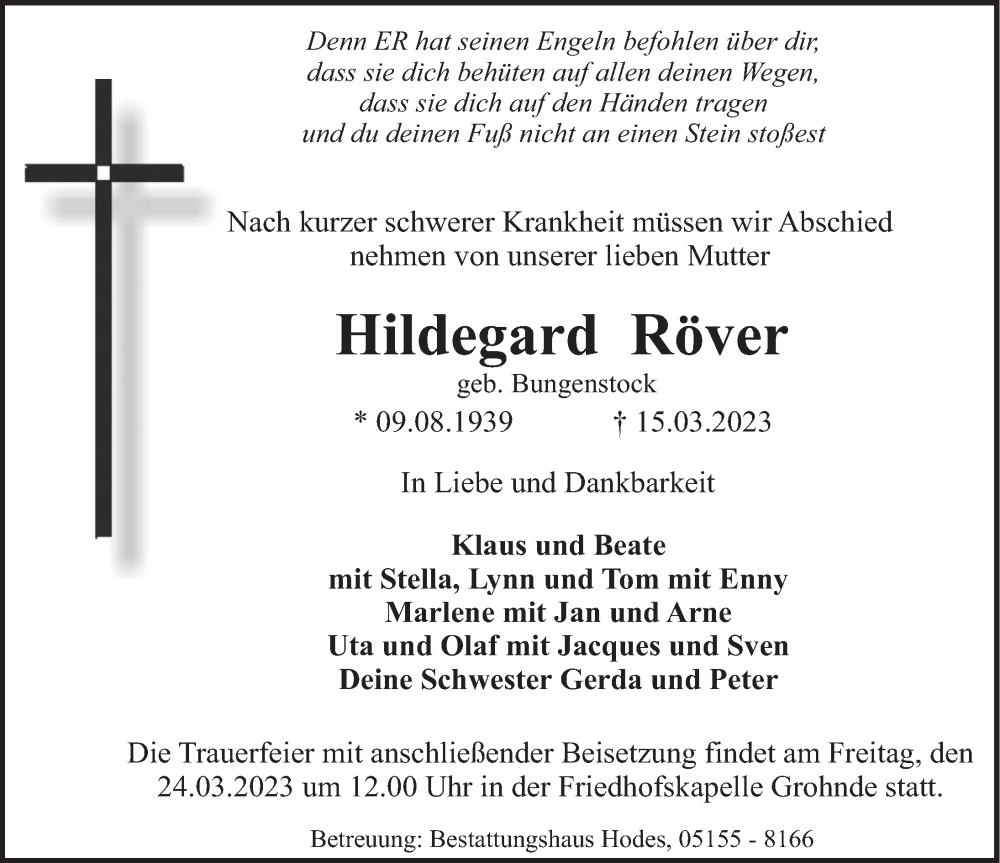  Traueranzeige für Hildegard Röver vom 18.03.2023 aus Deister- und Weserzeitung