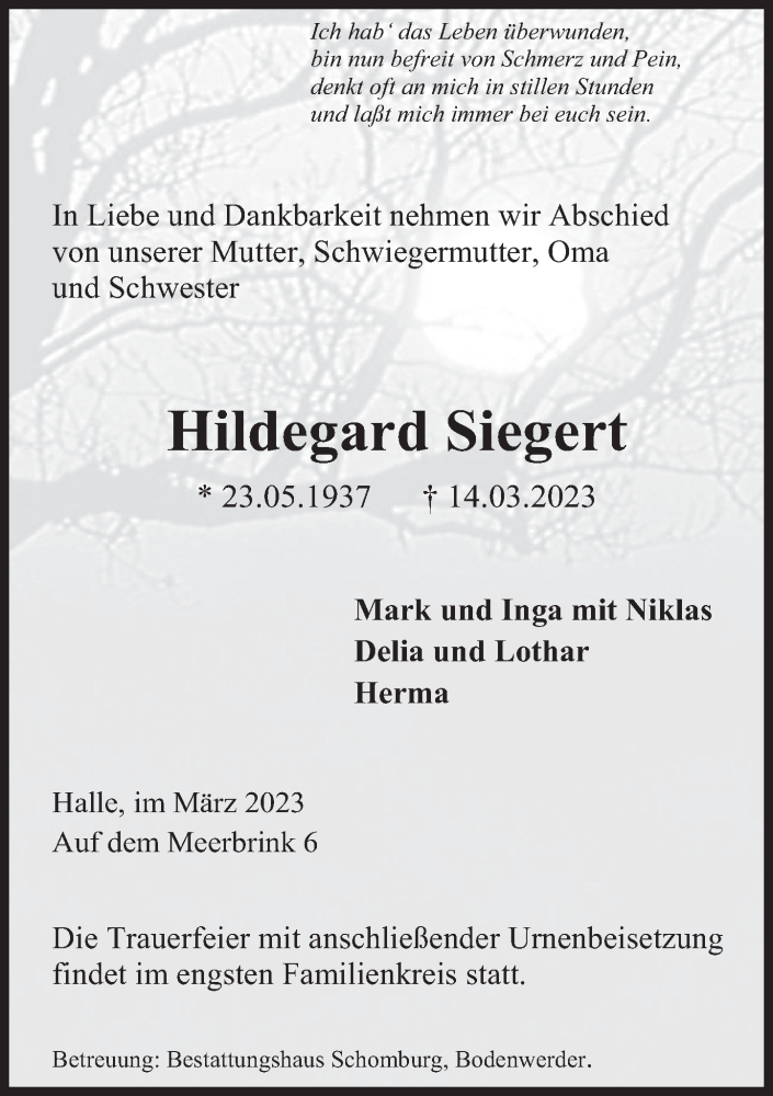  Traueranzeige für Hildegard Siegert vom 18.03.2023 aus Deister- und Weserzeitung
