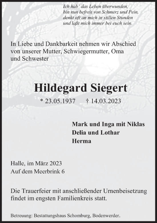 Traueranzeige von Hildegard Siegert von Deister- und Weserzeitung