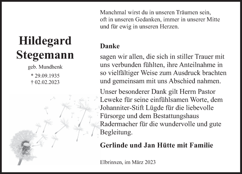 Traueranzeige für Hildegard Stegemann vom 10.03.2023 aus Deister- und Weserzeitung