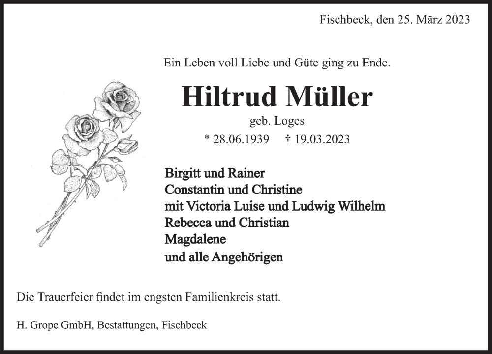  Traueranzeige für Hiltrud Müller vom 25.03.2023 aus Deister- und Weserzeitung