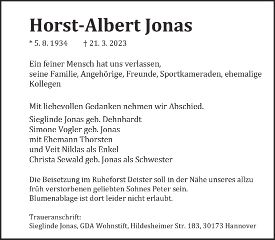 Traueranzeige von Horst-Albert Jonas von Deister- und Weserzeitung
