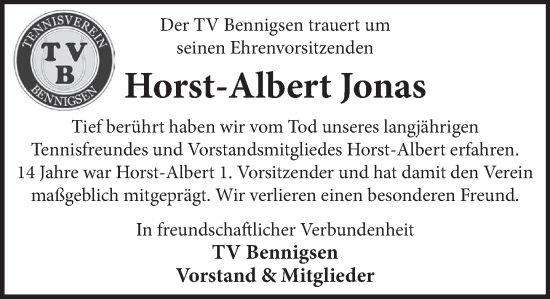 Traueranzeige von Horst-Albert Jonas von Neue Deister-Zeitung