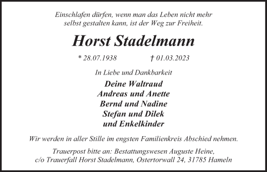 Traueranzeige von Horst Stadelmann von Deister- und Weserzeitung