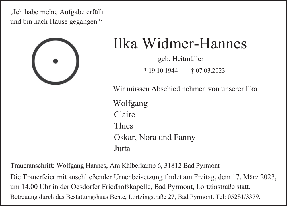  Traueranzeige für Ilka Widmer-Hannes vom 13.03.2023 aus Deister- und Weserzeitung