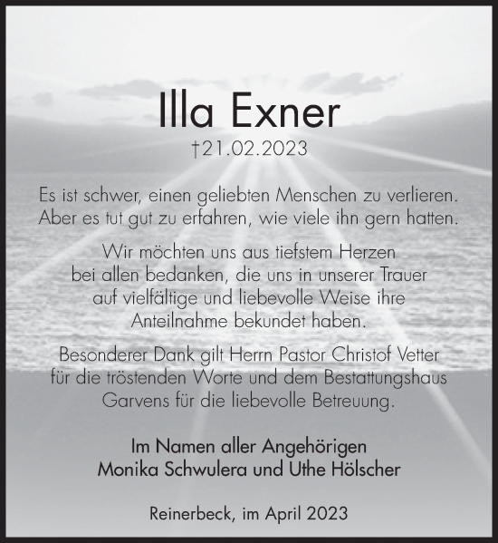 Traueranzeige von Illa Exner von Deister- und Weserzeitung