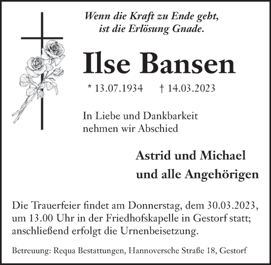 Traueranzeige von Ilse Bansen von Neue Deister-Zeitung