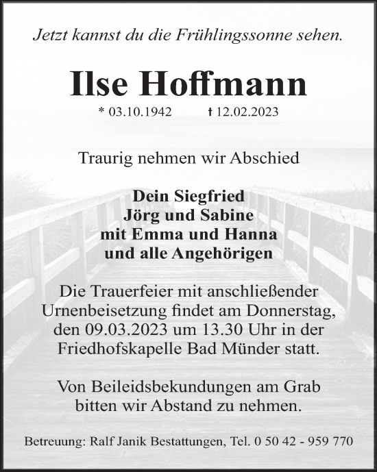 Traueranzeige von Ilse Hoffmann von Neue Deister-Zeitung