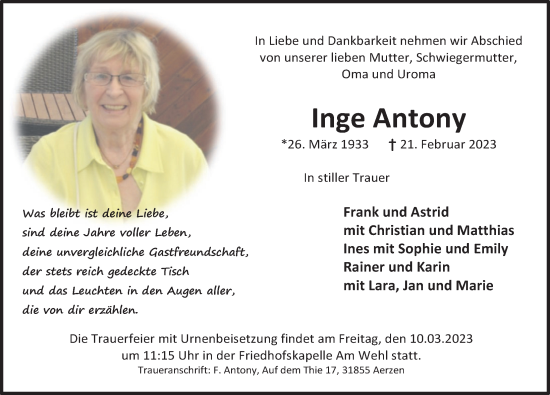 Traueranzeige von Inge Antony von Deister- und Weserzeitung