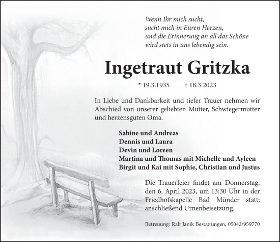 Traueranzeige von Ingetraut Gritzka von Deister- und Weserzeitung