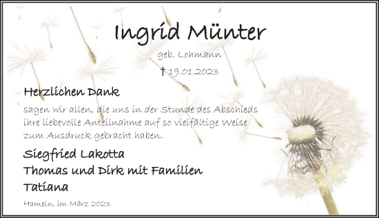 Traueranzeige von Ingrid Münter von Deister- und Weserzeitung