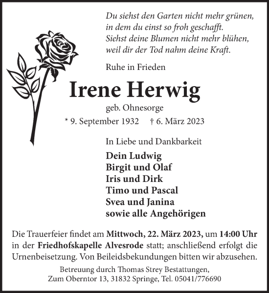 Traueranzeige von Irene Herwig von Neue Deister-Zeitung