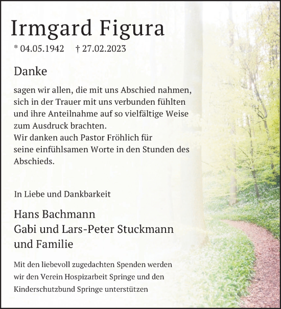 Traueranzeige von Irmgard Figura von Neue Deister-Zeitung