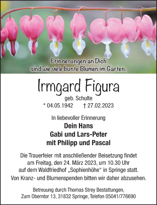 Traueranzeige von Irmgard Figura von Neue Deister-Zeitung
