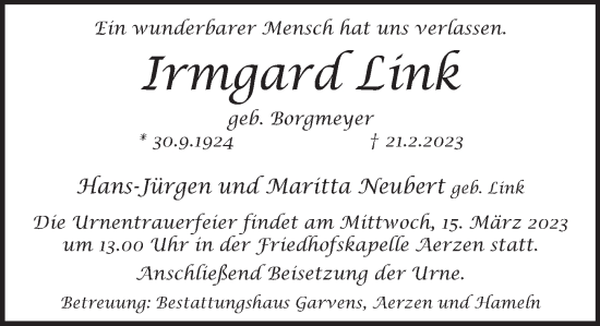 Traueranzeige von Irmgard Link von Deister- und Weserzeitung