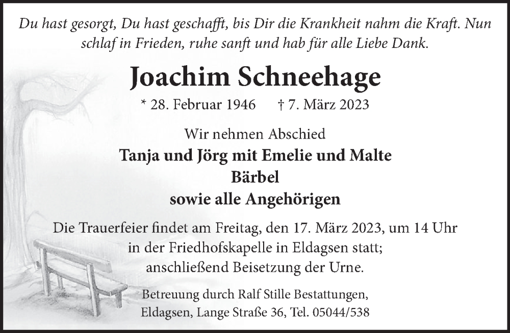  Traueranzeige für Joachim Schneehage vom 14.03.2023 aus Neue Deister-Zeitung