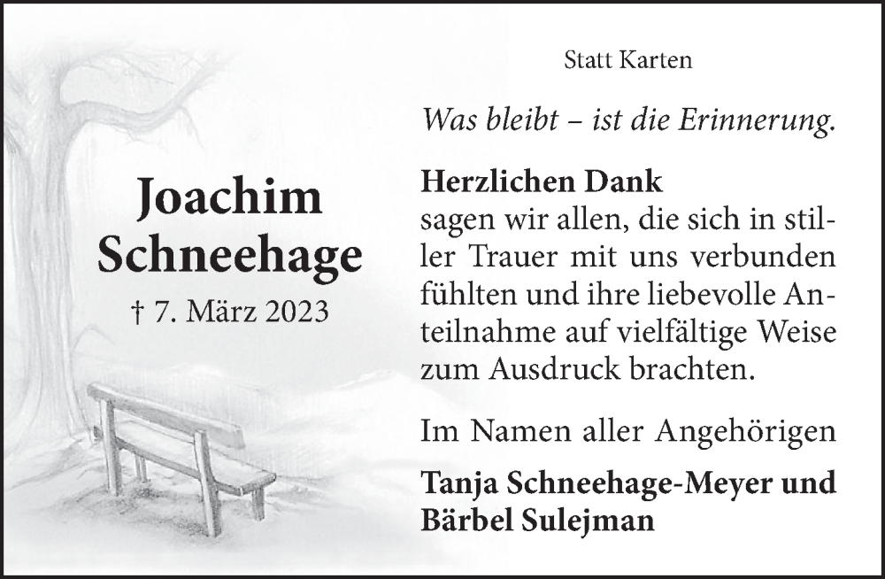  Traueranzeige für Joachim Schneehage vom 01.04.2023 aus Neue Deister-Zeitung