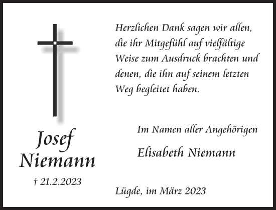 Traueranzeige von Josef Niemann von Deister- und Weserzeitung