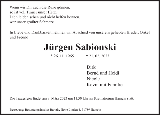 Traueranzeige von Jürgen Sabionski von Deister- und Weserzeitung