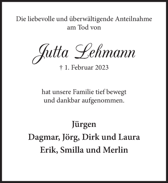 Traueranzeige von Jutta Lehmann von Deister- und Weserzeitung