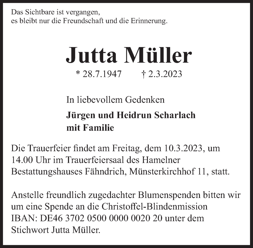  Traueranzeige für Jutta Müller vom 07.03.2023 aus Deister- und Weserzeitung
