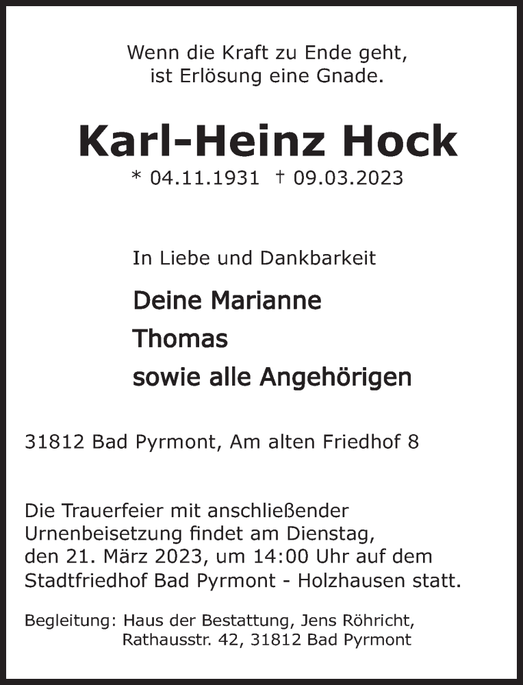  Traueranzeige für Karl-Heinz Hock vom 18.03.2023 aus Deister- und Weserzeitung