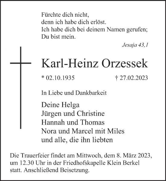 Traueranzeige von Karl-Heinz Orzessek von Deister- und Weserzeitung