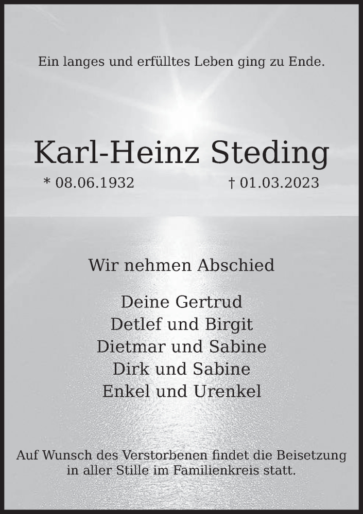  Traueranzeige für Karl-Heinz Steding vom 11.03.2023 aus Deister- und Weserzeitung
