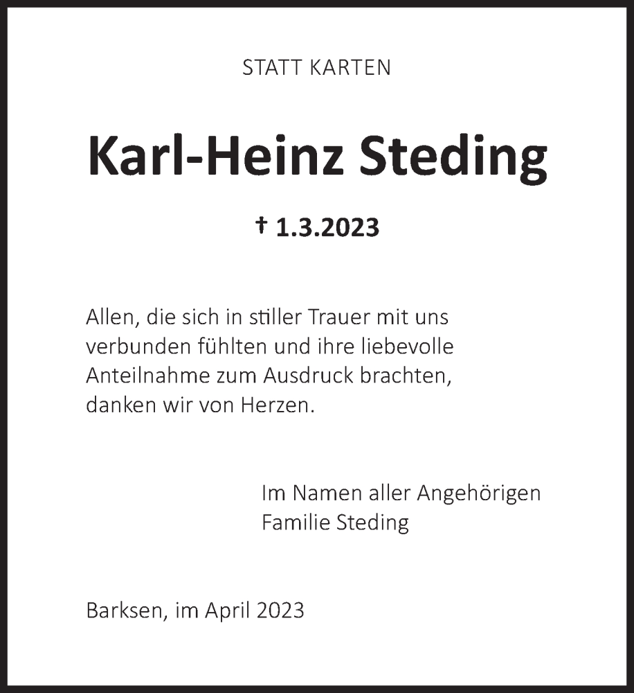  Traueranzeige für Karl-Heinz Steding vom 01.04.2023 aus Deister- und Weserzeitung