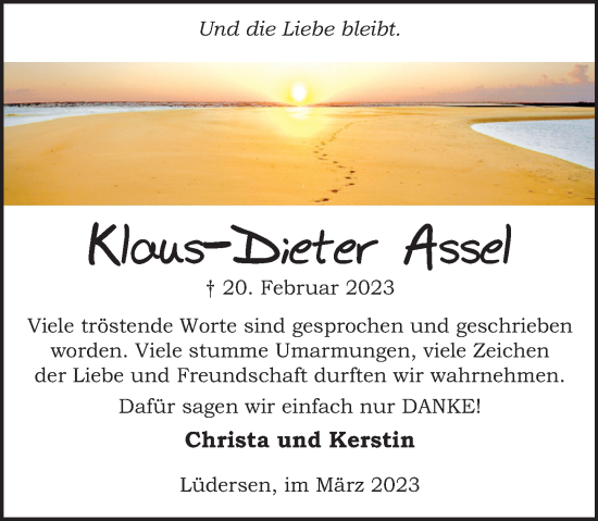 Traueranzeige von Klaus-Dieter Assel von Neue Deister-Zeitung
