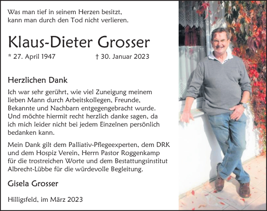 Traueranzeige von Klaus-Dieter Grosser von Deister- und Weserzeitung