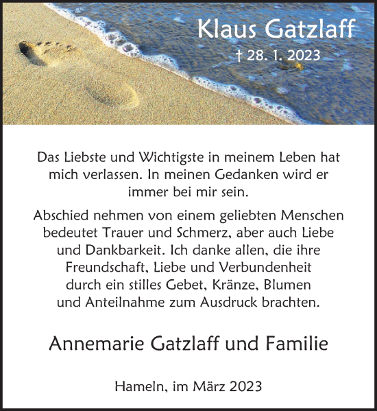 Traueranzeige von Klaus Gatzlaff von Deister- und Weserzeitung