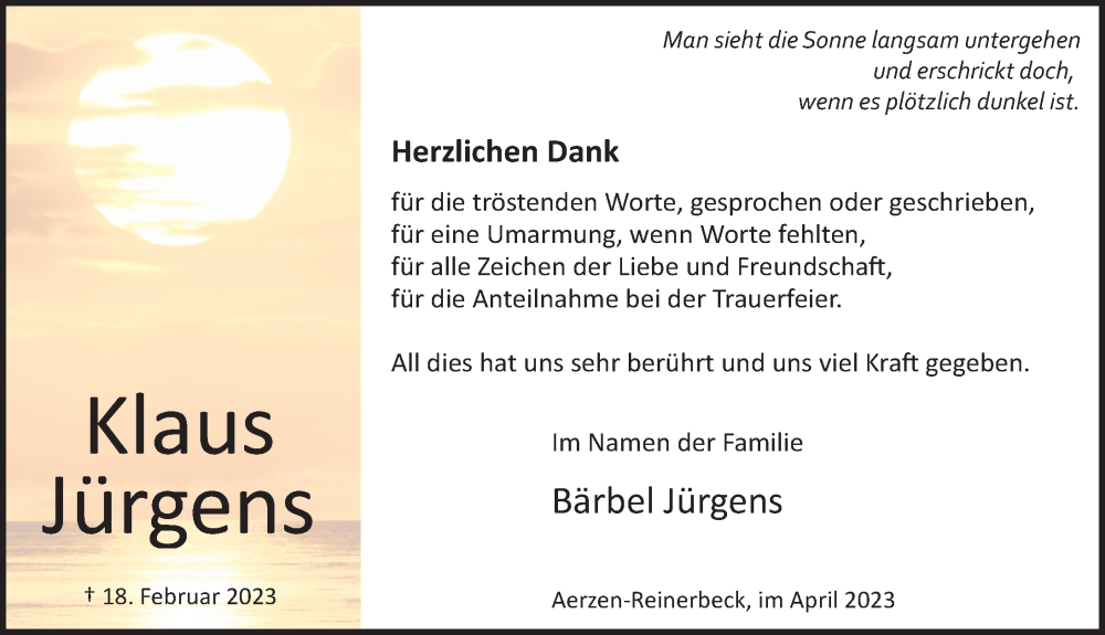  Traueranzeige für Klaus Jürgens vom 01.04.2023 aus Deister- und Weserzeitung