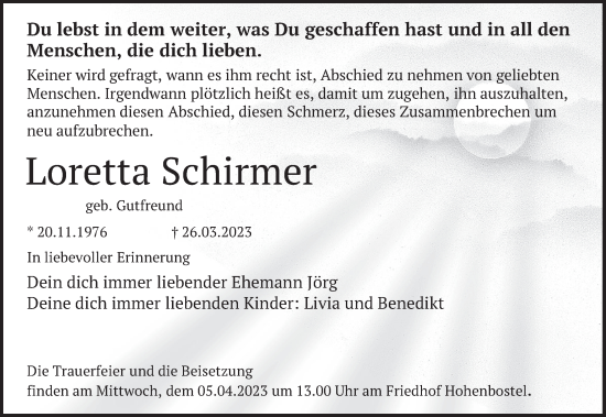 Traueranzeige von Loretta Schirmer von Deister- und Weserzeitung