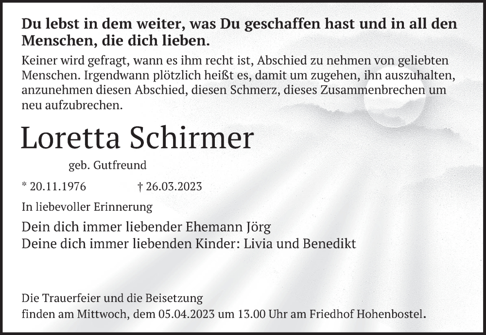 Traueranzeige für Loretta Schirmer vom 01.04.2023 aus Deister- und Weserzeitung