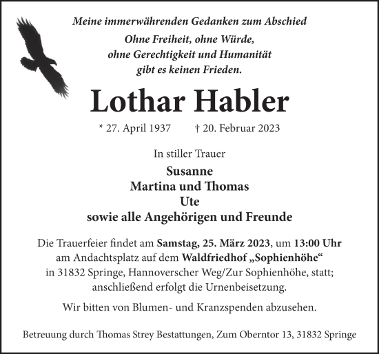 Traueranzeige von Lothar Habler von Neue Deister-Zeitung