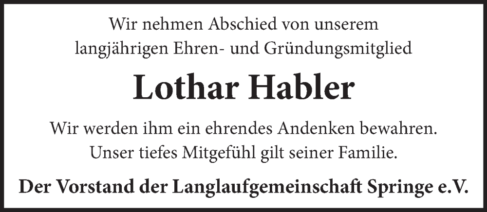  Traueranzeige für Lothar Habler vom 25.03.2023 aus Neue Deister-Zeitung