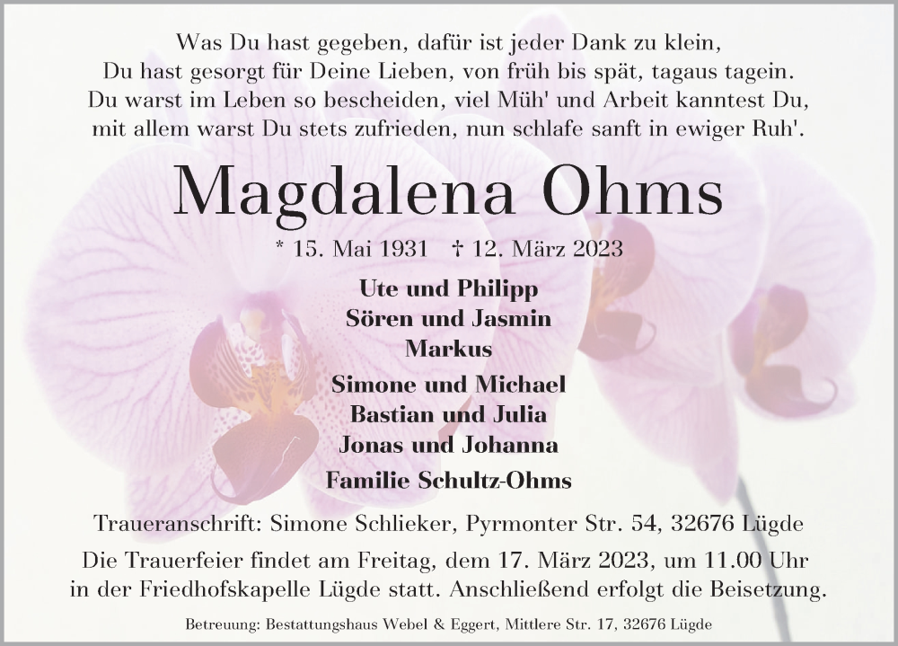  Traueranzeige für Magdalena Ohms vom 15.03.2023 aus Deister- und Weserzeitung
