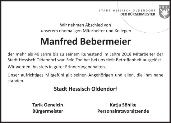 Traueranzeige von Manfred Bebermeier von Deister- und Weserzeitung